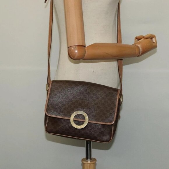 CELINE Macadam Canvas Circle Shoulder Bag PVC Leather Brown Gold Auth - Picture 1 of 15